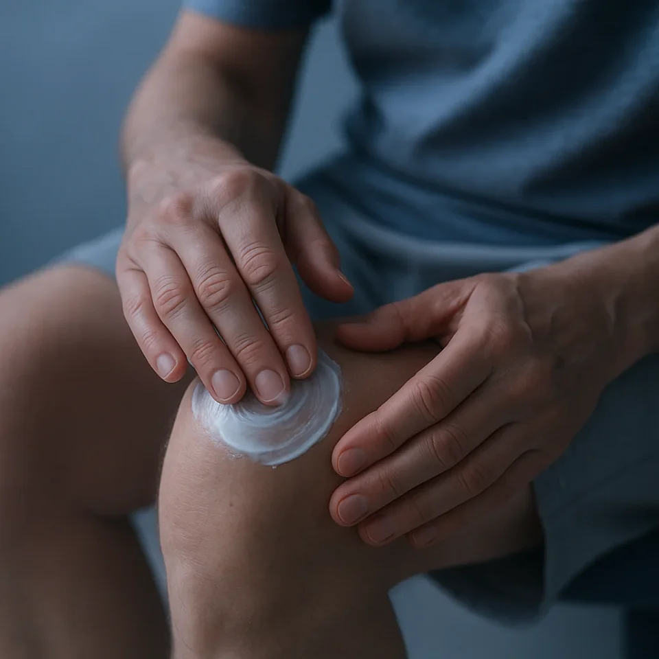 Hände tragen weiße Gelenkcreme mit kreisenden Bewegungen auf ein Knie auf