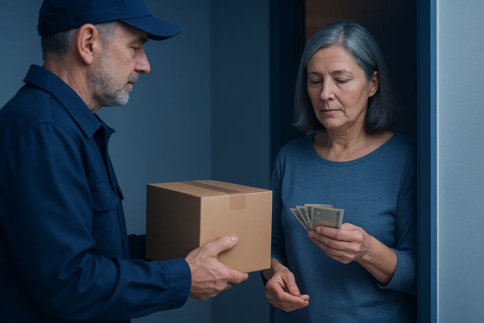 Zusteller reicht ein Paket über die Türschwelle, die Kundin zählt Scheine ab