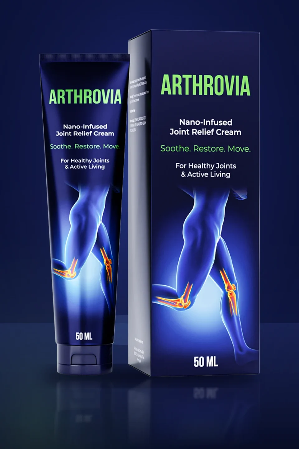 Arthrovia Gelenkcreme: Tube und Karton mit 50 ml, blaues Etikett mit Beinsilhouette