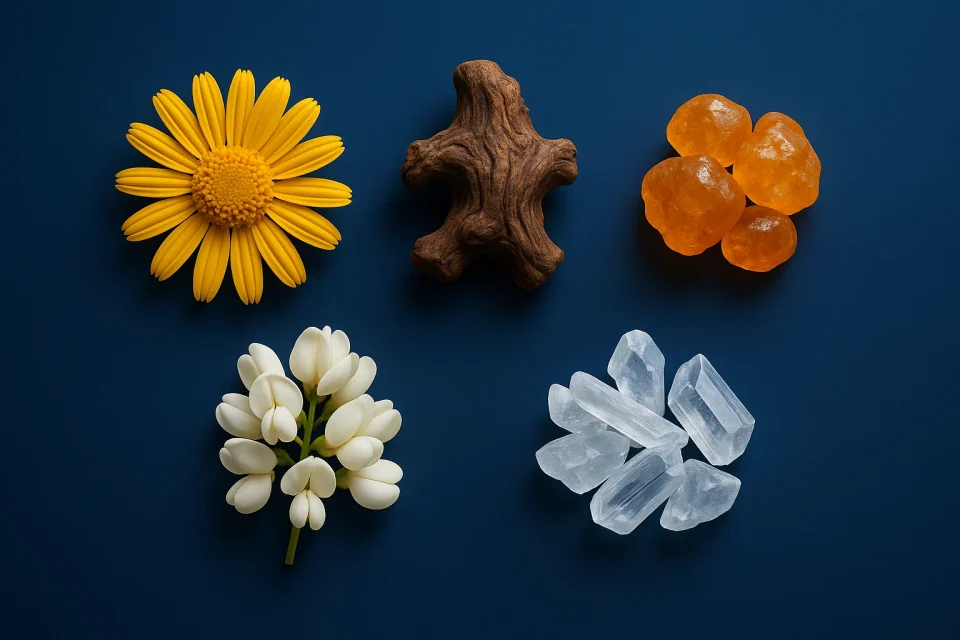 Fünf Wirkstoffe von Arthrovia: Arnikablüte, Teufelskrallenwurzel, Weihrauchharz, Robinienblüte und Mentholkristalle