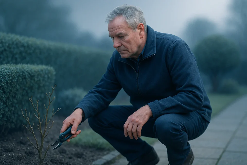 Mann um die 65 hockt im Garten mit einer Gartenschere und stützt sich mit der Hand auf dem Knie ab