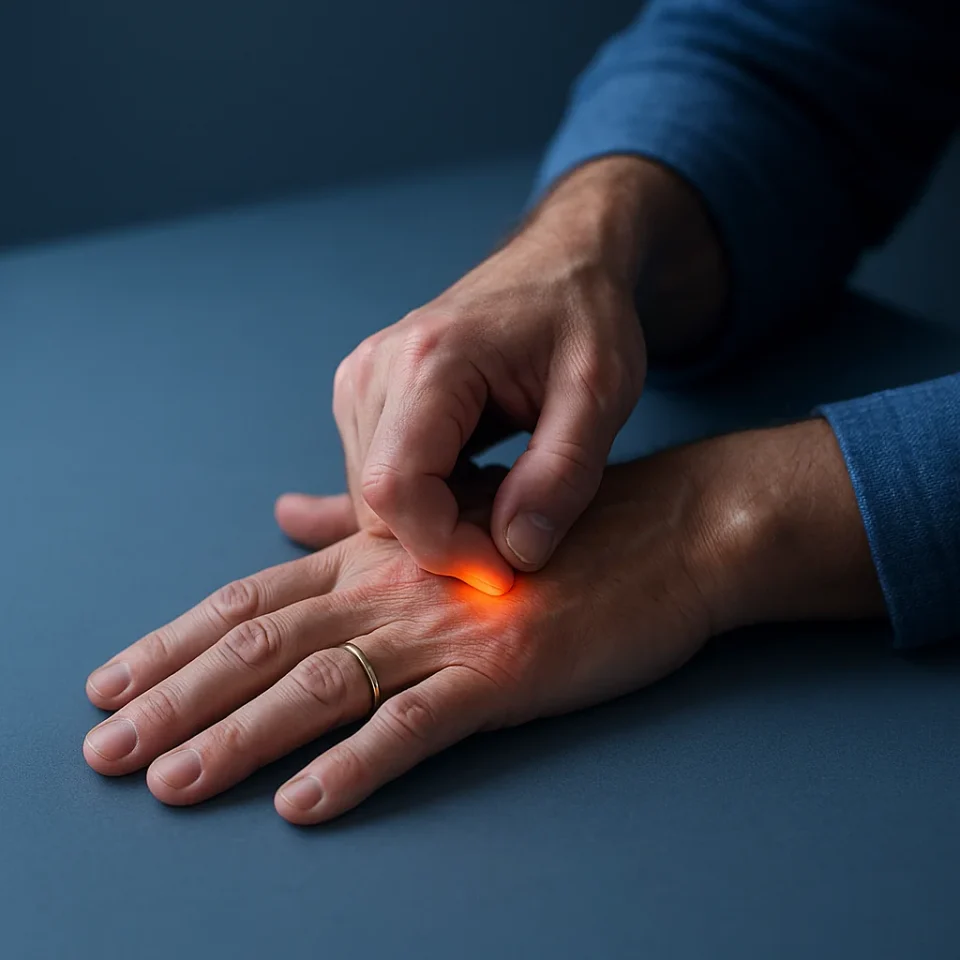 Hände einer Person über 55 am Schreibtisch, eine Hand knetet die Fingergelenke der anderen