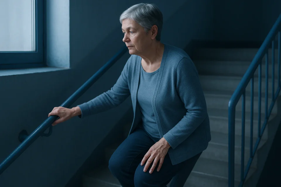 Frau um die 60 steigt eine Treppe hinauf und stützt die Hand auf dem Knie ab