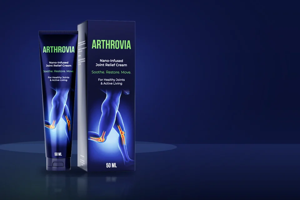 Arthrovia Gelenkcreme: Tube und Karton mit 50 ml, blaues Etikett mit Beinsilhouette