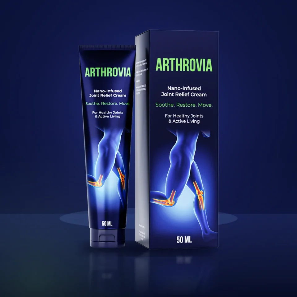 Tube Arthrovia mit einem Streifen weißer Creme und Mentholkristallen auf dunkler Fläche